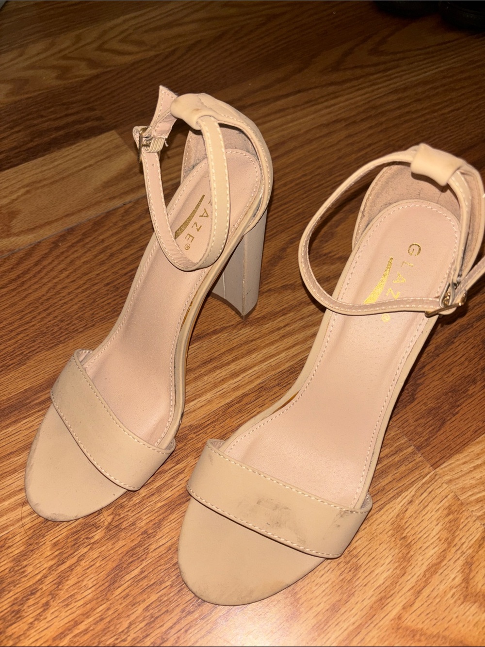 Glaze Beige/Nude Ankle-Strap Block Heels